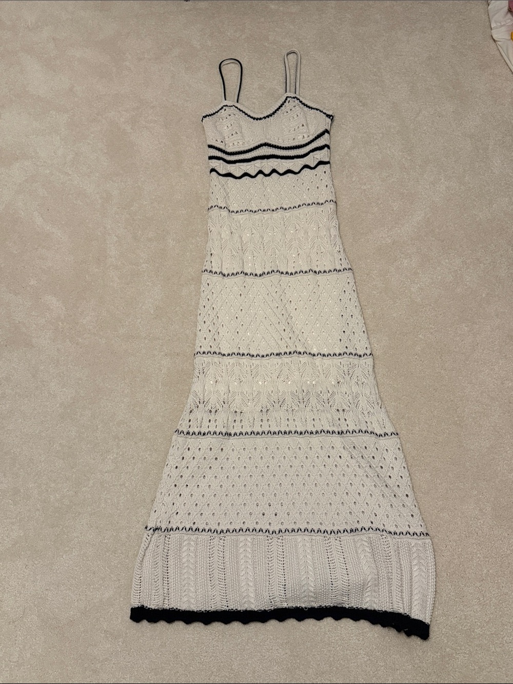 White Knit Maxi Dress with Black Trim